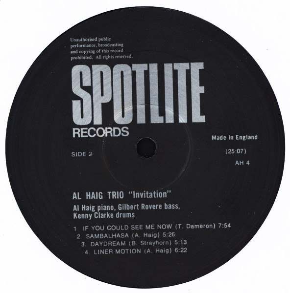 Al Haig Trio - Invitation | Spotlite Records (AH 4) - 4 Al Haig Trio - Invitation | Spotlite Records (AH 4) - 4