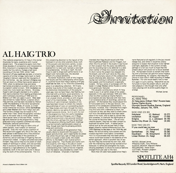 Al Haig Trio - Invitation | Spotlite Records (AH 4) - 2 Al Haig Trio - Invitation | Spotlite Records (AH 4) - 2