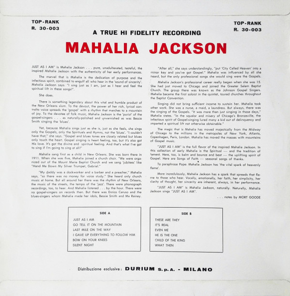 Mahalia Jackson - Just As I Am | Top Rank International (R. 30-003) - 2