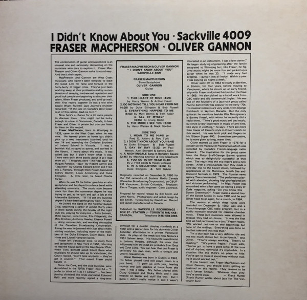 Fraser MacPherson & Oliver Gannon - I Didn't Know About You | Sackville Recordings (4009) - 2 Fraser MacPherson & Oliver Gannon - I Didn't Know About You | Sackville Recordings (4009) - 2
