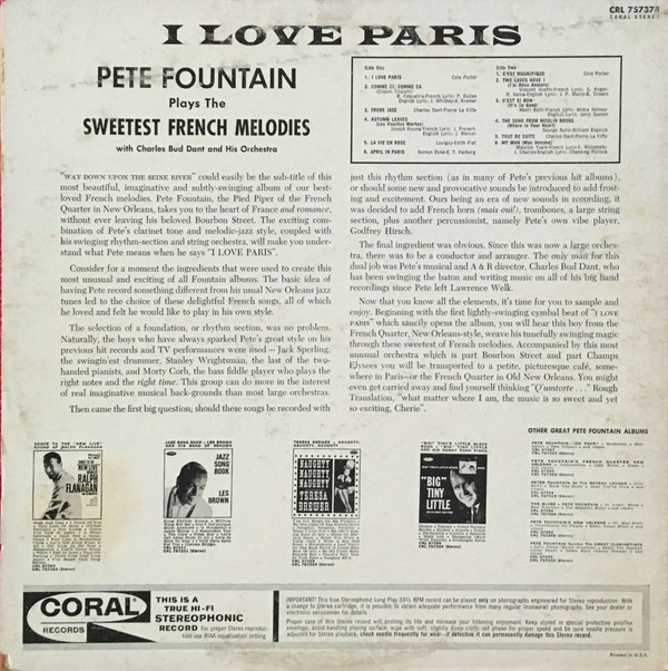 Pete Fountain - I Love Paris | Coral (CRL 757378) - 2