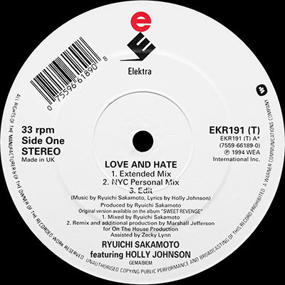 Ryuichi Sakamoto Featuring Holly Johnson - Love & Hate | Elektra (EKR 191 T) - 3