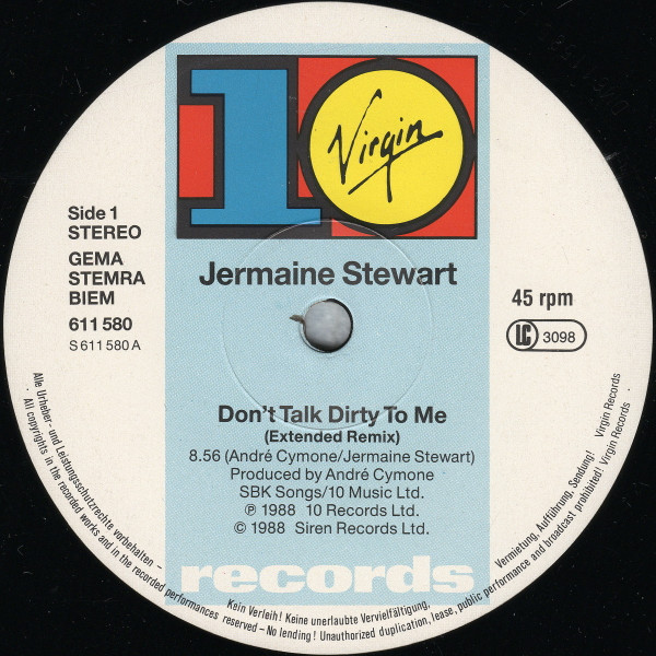 Jermaine Stewart - Don't Talk Dirty To Me (Extended Mix) | 10 Records (611 580) - 3 Jermaine Stewart - Don't Talk Dirty To Me (Extended Mix) | 10 Records (611 580) - 3