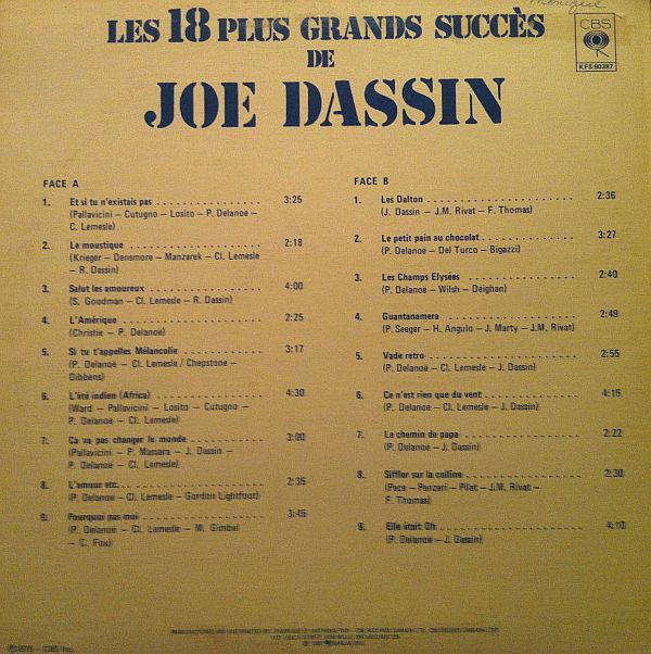 Joe Dassin - Les 18 Plus Grands Succès De Joe Dassin | CBS (KFS-90387) - 2 Joe Dassin - Les 18 Plus Grands Succès De Joe Dassin | CBS (KFS-90387) - 2