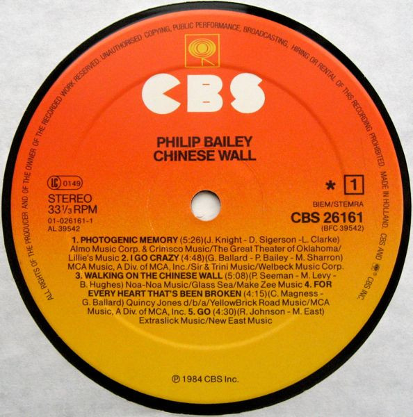 Philip Bailey - Chinese Wall | CBS (CBS 26161) - 3 Philip Bailey - Chinese Wall | CBS (CBS 26161) - 3
