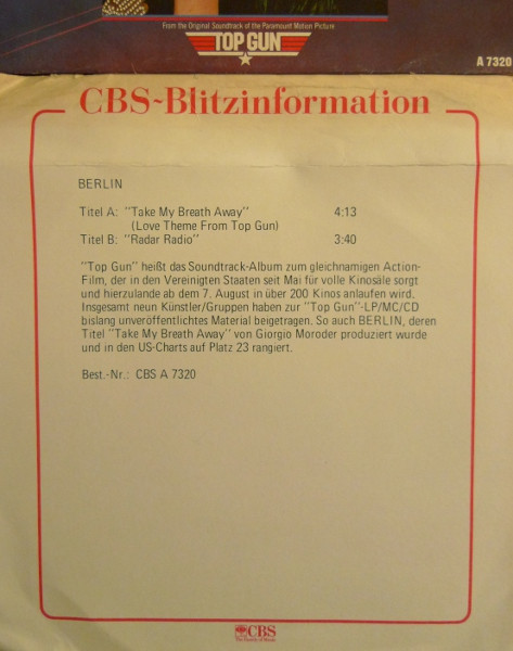 Berlin - Take My Breath Away (Love Theme From "Top Gun") | CBS (CBSA 7320) - 5