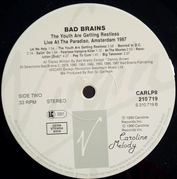 Bad Brains - The Youth Are Getting Restless (Live At The Paradiso, Amsterdam 1987) | Caroline Records (CARLP8) - 4