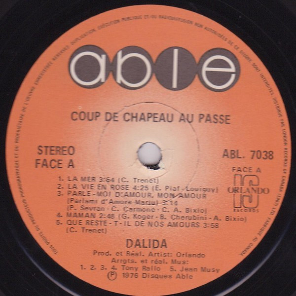 Dalida - "Coup De Chapeau Au Passé" | Able (ABL-7038) - 4 Dalida - "Coup De Chapeau Au Passé" | Able (ABL-7038) - 4