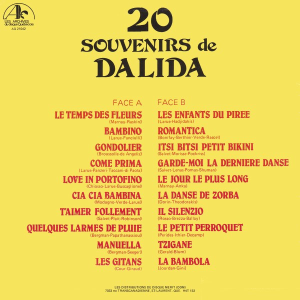 Dalida - 20 Souvenirs De Dalida | Les Archives Du Disque Québécois (AQ-21042) - 2 Dalida - 20 Souvenirs De Dalida | Les Archives Du Disque Québécois (AQ-21042) - 2