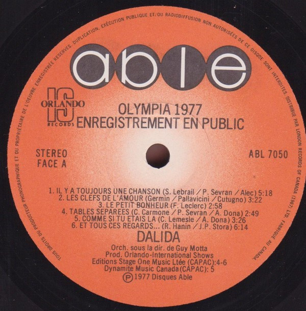 Dalida - Olympia 77 - Enregistré En Public | Able (ABL-7050) - 4 Dalida - Olympia 77 - Enregistré En Public | Able (ABL-7050) - 4