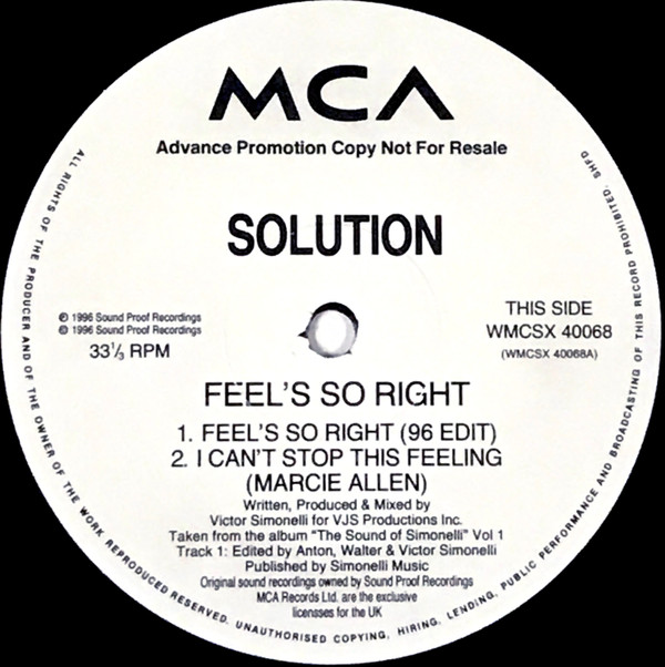 Solution - Feels So Right (JP's Alcatraz Dub & Bonus Beats 96 Edit) | MCA Records (WMCSX 40068) - 3