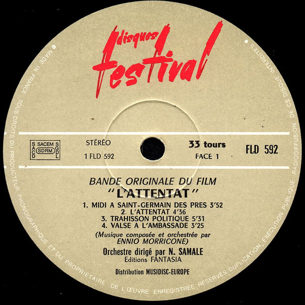 Ennio Morricone - L'Attentat (Bande Originale Du Film) | Disques Festival (FLD 592) - 4 Ennio Morricone - L'Attentat (Bande Originale Du Film) | Disques Festival (FLD 592) - 4