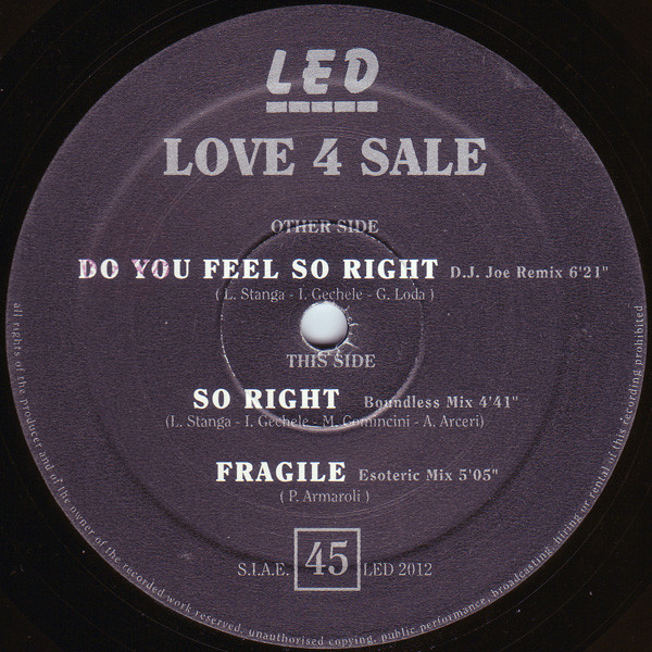 Love 4 Sale - Do You Feel So Right | LED Records (LED 2012) - main