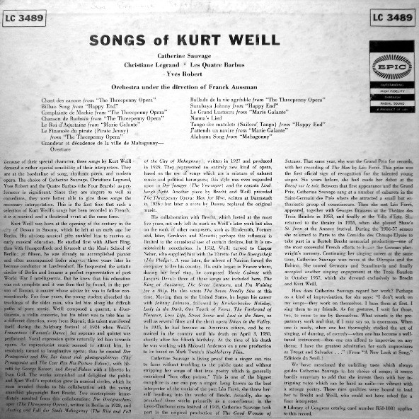 Catherine Sauvage With Christiane Legrand , Les Quatre Barbus And Yves Robert - Songs Of Kurt Weill | Epic (LC 3489) - 2 Catherine Sauvage With Christiane Legrand , Les Quatre Barbus And Yves Robert - Songs Of Kurt Weill | Epic (LC 3489) - 2