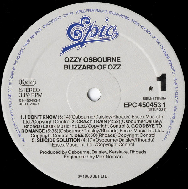 Ozzy Osbourne - Blizzard Of Ozz | Epic (EPC 450453 1) - 3 Ozzy Osbourne - Blizzard Of Ozz | Epic (EPC 450453 1) - 3