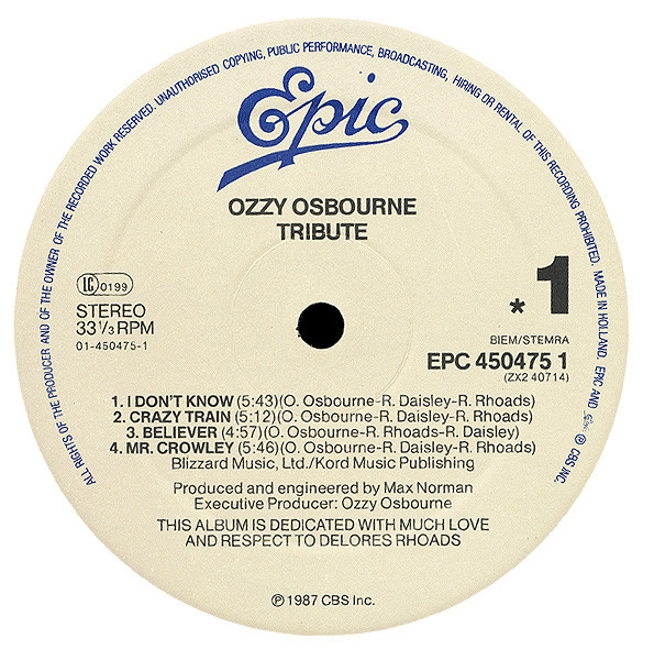 Ozzy Osbourne - Randy Rhoads Tribute | Epic (EPC 450475 1) - 7