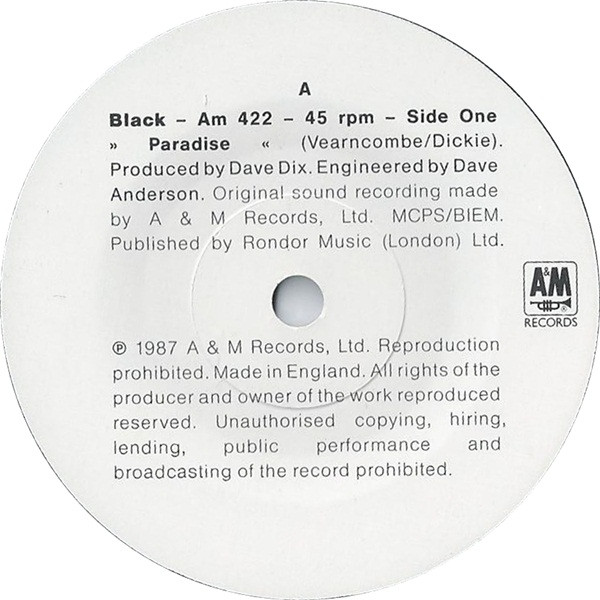 Black - Paradise | A&M Records (Am 422) - 3