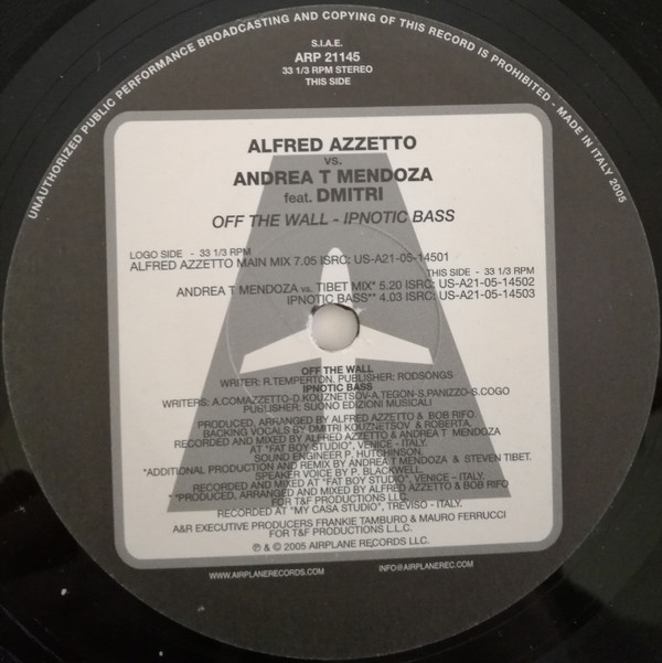 Alfred Azzetto Vs. Andrea T. Mendoza Feat. Dmitri Kouznetsov - Off The Wall / Ipnotic Bass | Airplane! Records (ARP 21145) - 3