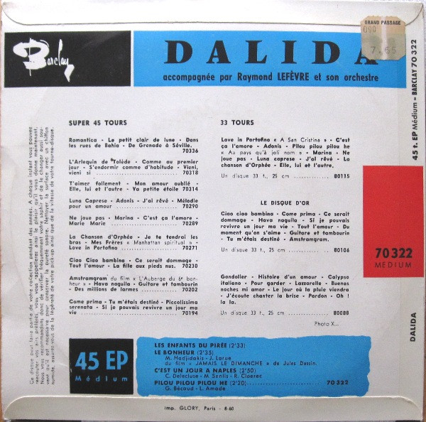 Dalida Accompagnée Par Raymond Lefevre Et Son Orchestre - Les Enfants Du Pirée | Barclay (70 322 M) - 2