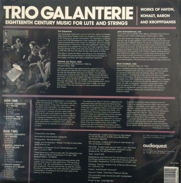 Trio Galanterie - Eighteenth Century Music For Lute And Strings | AudioQuest Music (AQ-LP 1005) - 2 Trio Galanterie - Eighteenth Century Music For Lute And Strings | AudioQuest Music (AQ-LP 1005) - 2