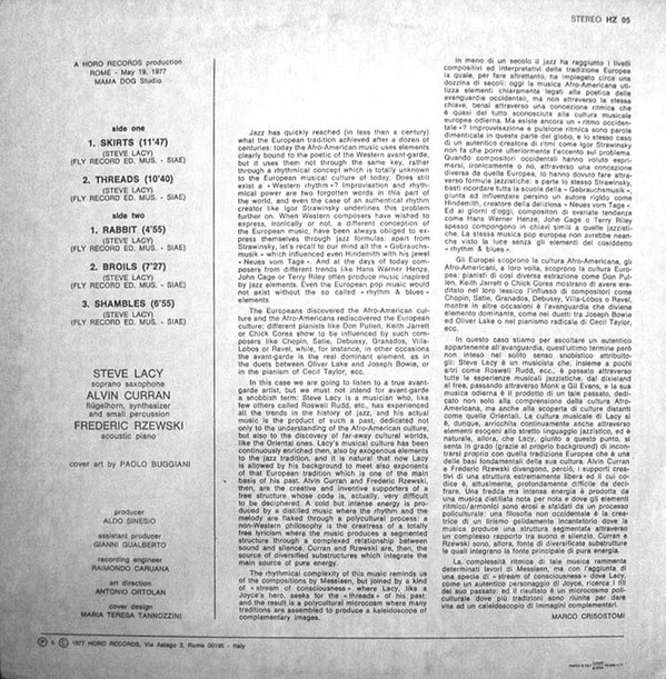 Steve Lacy & Alvin Curran , Frederic Rzewski - Threads | Horo Records (HZ 05) - 2