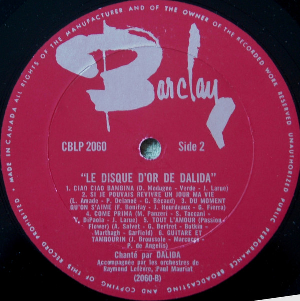 Dalida - Le Disque D'Or De... | Barclay (CBLP-2060) - 4 Dalida - Le Disque D'Or De... | Barclay (CBLP-2060) - 4