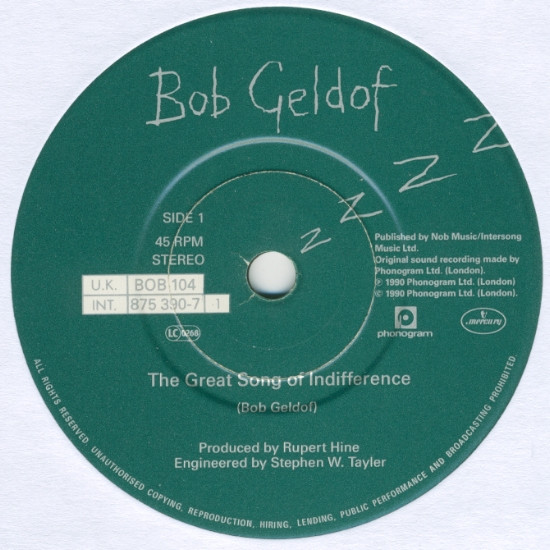 Bob Geldof - The Great Song Of Indifference | Mercury (BOB 104) - 3