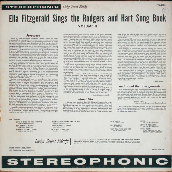 Sings The Rodgers And Hart Song Book Volume 2