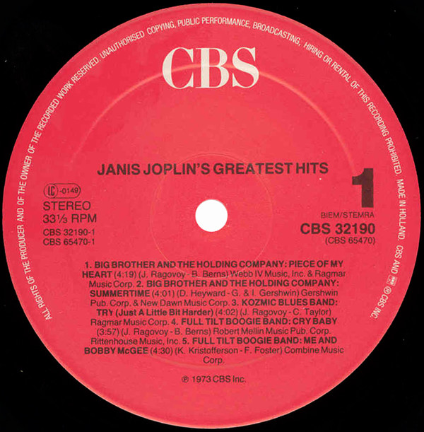 Janis Joplin - Janis Joplin's Greatest Hits | CBS (CBS 32190) - 3