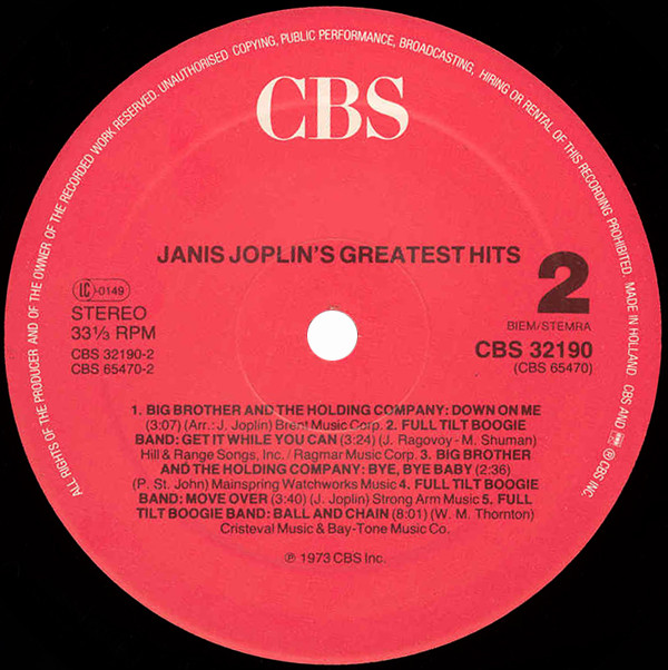 Janis Joplin - Janis Joplin's Greatest Hits | CBS (CBS 32190) - 4