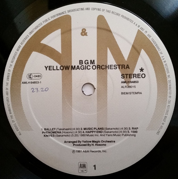 Yellow Magic Orchestra - BGM | A&M Records (AMLH 64853) - 3