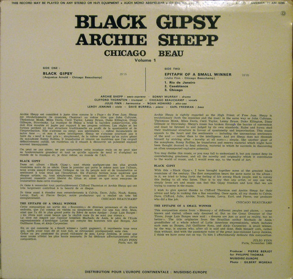 Archie Shepp , Chicago Beau - Black Gipsy | America Records (30 AM 6099) - 2