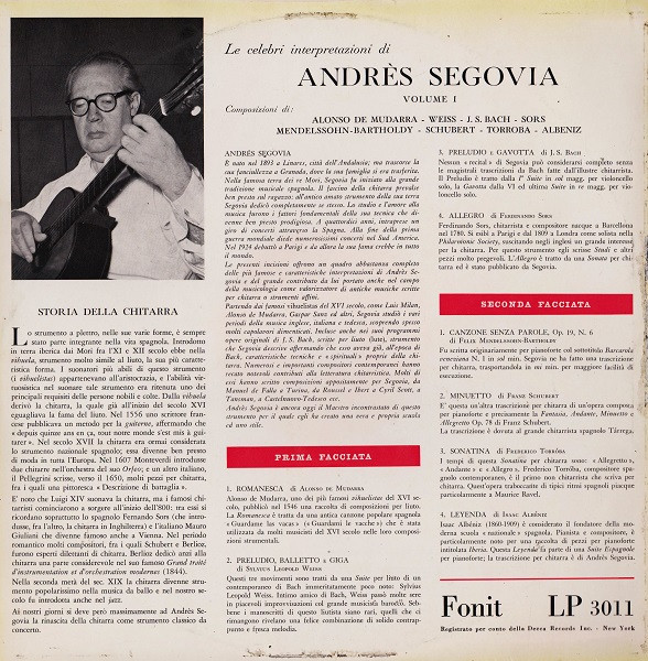 Andres Segovia - La Chitarra Di Andres Segovia Vol. I° | Fonit (LP 3011) - 2
