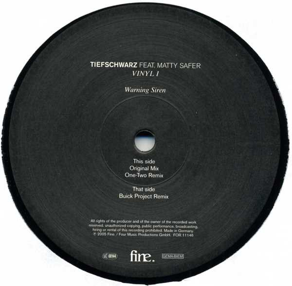 Tiefschwarz & Matty Safer - Warning Siren Vinyl I | Four Music (FOR 1114 6) - 3 Tiefschwarz & Matty Safer - Warning Siren Vinyl I | Four Music (FOR 1114 6) - 3