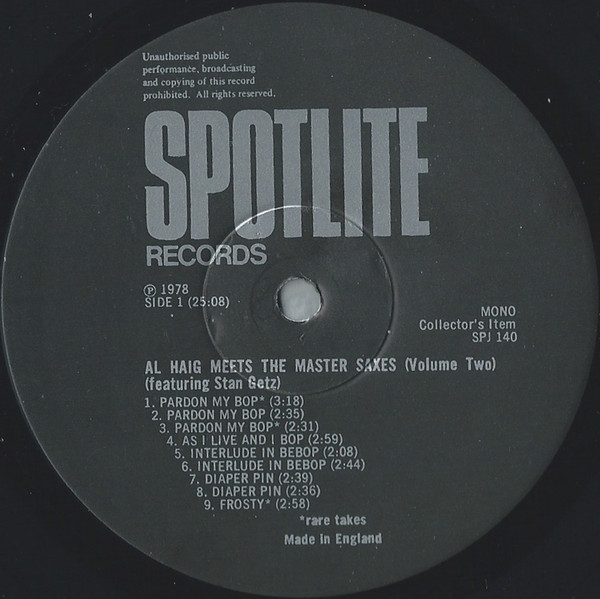 Al Haig & Allen Eager & Stan Getz - Al Haig Meets The Master Saxes (Volume Two) | Spotlite Records (SPJ140) - 3 Al Haig & Allen Eager & Stan Getz - Al Haig Meets The Master Saxes (Volume Two) | Spotlite Records (SPJ140) - 3