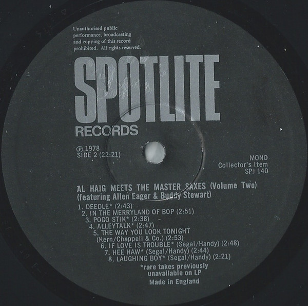 Al Haig & Allen Eager & Stan Getz - Al Haig Meets The Master Saxes (Volume Two) | Spotlite Records (SPJ140) - 4 Al Haig & Allen Eager & Stan Getz - Al Haig Meets The Master Saxes (Volume Two) | Spotlite Records (SPJ140) - 4