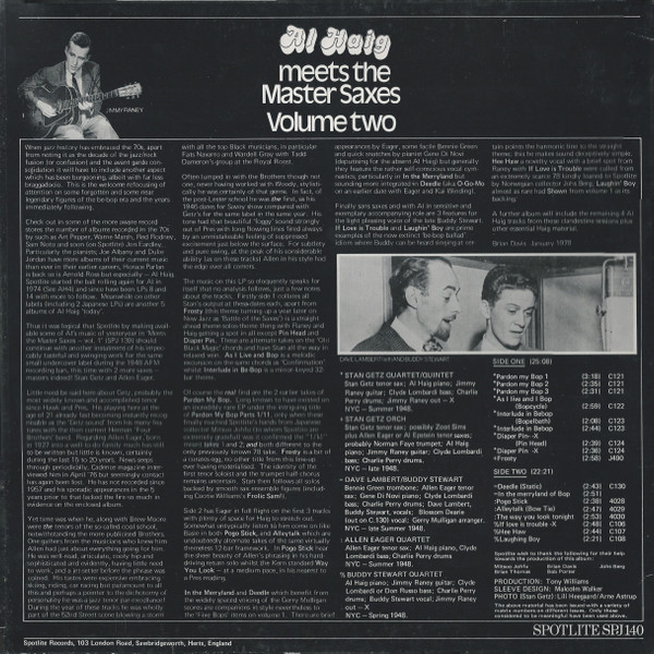 Al Haig & Allen Eager & Stan Getz - Al Haig Meets The Master Saxes (Volume Two) | Spotlite Records (SPJ140) - 2 Al Haig & Allen Eager & Stan Getz - Al Haig Meets The Master Saxes (Volume Two) | Spotlite Records (SPJ140) - 2