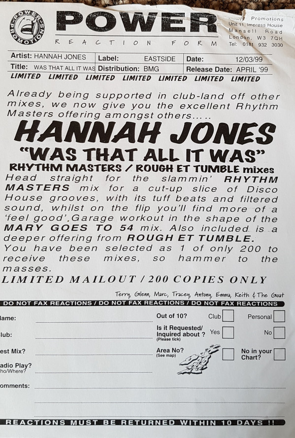 Hannah Jones - Was That All It Was (Rhythm Masters / Rough Et Tumble Mixes) | East Side Records (12ESIDE4S) - 3