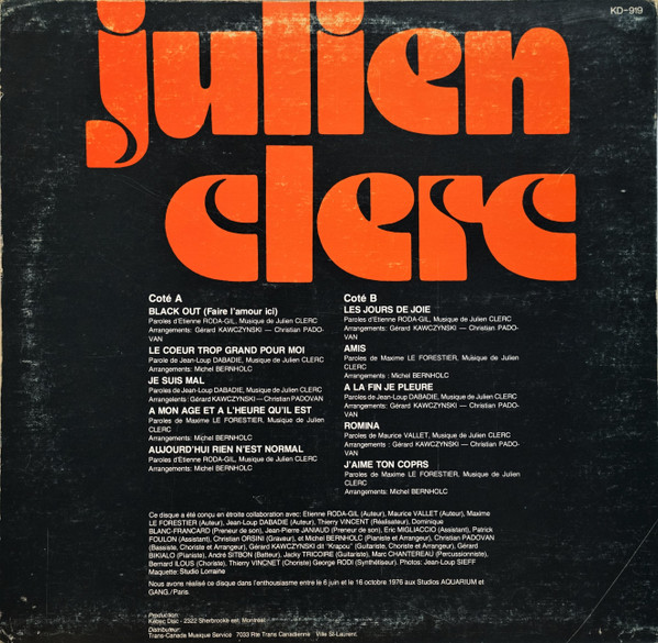 Julien Clerc - Julien Clerc | Kébec-Disc (KD-919) - 2 Julien Clerc - Julien Clerc | Kébec-Disc (KD-919) - 2