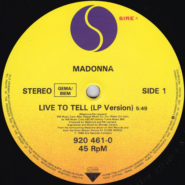 Madonna - Live To Tell | Sire (920 461-0) - 3
