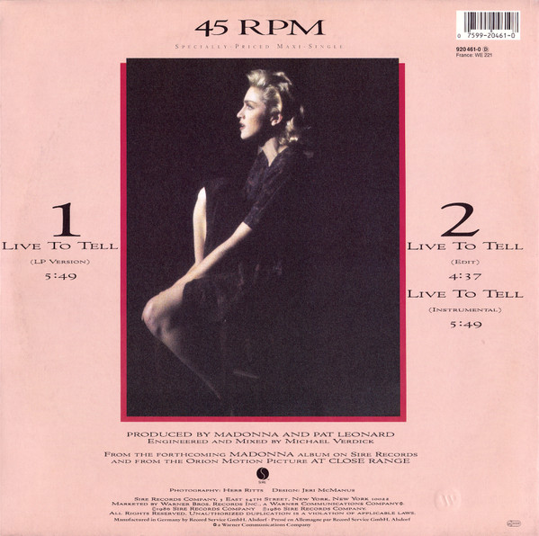 Madonna - Live To Tell | Sire (920 461-0) - 2