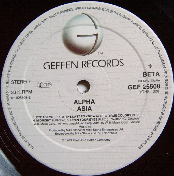 Asia - Alpha | Geffen Records (GEF 25508) - 5