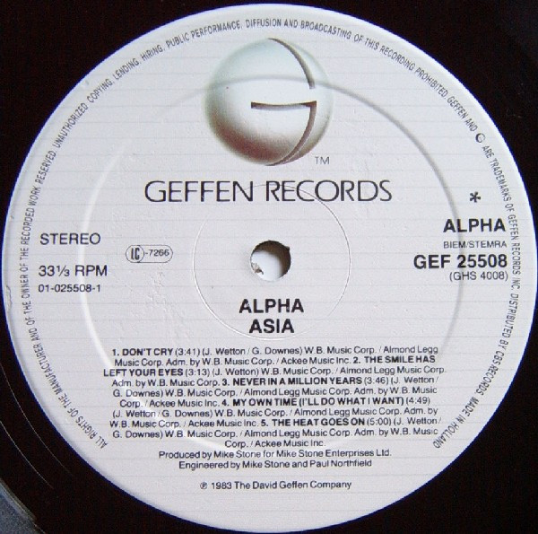 Asia - Alpha | Geffen Records (GEF 25508) - 4