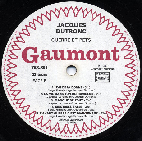 Jacques Dutronc - Guerre Et Pets | Gaumont Musique (753 801) - 4 Jacques Dutronc - Guerre Et Pets | Gaumont Musique (753 801) - 4