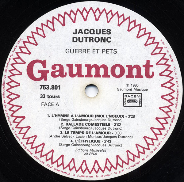 Jacques Dutronc - Guerre Et Pets | Gaumont Musique (753 801) - 3 Jacques Dutronc - Guerre Et Pets | Gaumont Musique (753 801) - 3