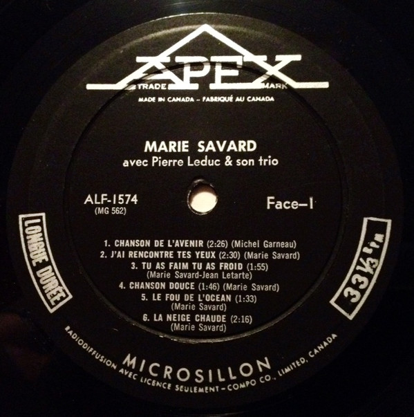 Marie Savard Avec Pierre Leduc Et Son Trio - Marie Savard | Apex (ALF-1574) - 3 Marie Savard Avec Pierre Leduc Et Son Trio - Marie Savard | Apex (ALF-1574) - 3