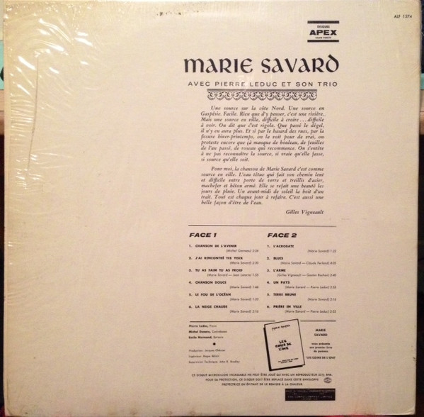 Marie Savard Avec Pierre Leduc Et Son Trio - Marie Savard | Apex (ALF-1574) - 2 Marie Savard Avec Pierre Leduc Et Son Trio - Marie Savard | Apex (ALF-1574) - 2