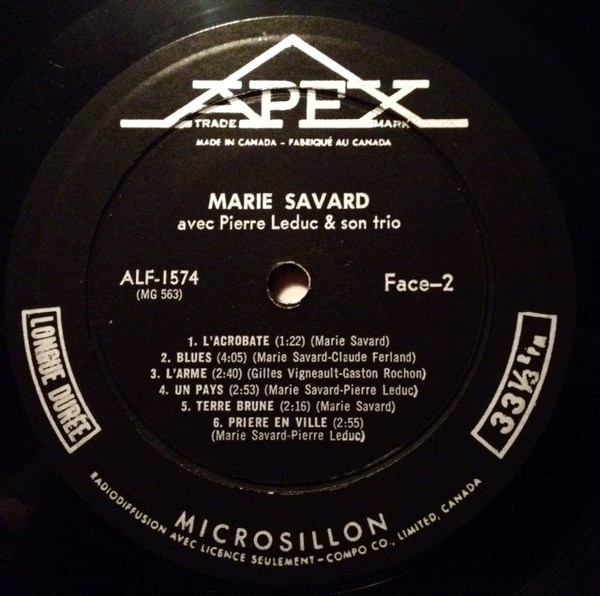 Marie Savard Avec Pierre Leduc Et Son Trio - Marie Savard | Apex (ALF-1574) - 4 Marie Savard Avec Pierre Leduc Et Son Trio - Marie Savard | Apex (ALF-1574) - 4