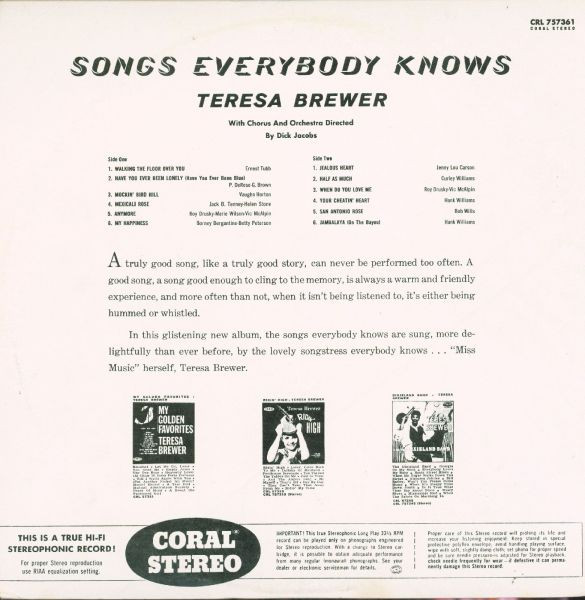 Teresa Brewer - Songs Everybody Knows | Coral (CRL 757361) - 2 Teresa Brewer - Songs Everybody Knows | Coral (CRL 757361) - 2