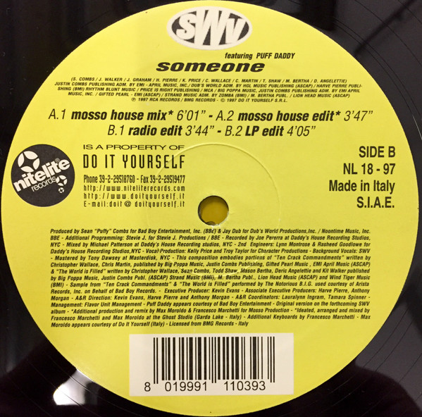 SWV Featuring Puff Daddy - Someone - Italian House Remix | Nitelite Records (NL 18 - 97) - main